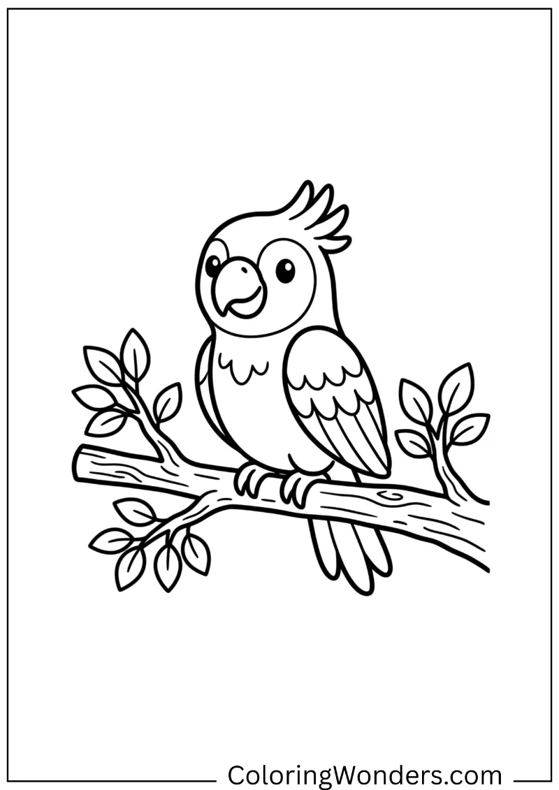 tropical bird coloring page sitting on a branch